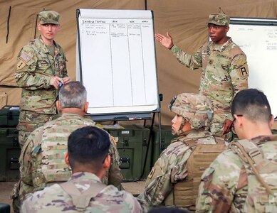 Sgt. 1st Class Todd Youtzy, left, and Sgt. 1st Class Qualeem Green, right, senior fire control observer, coach, trainers  assigned to 3-358th Field Artillery Regiment, 189th Infantry Brigade, conduct an after action review with Soldiers of the 40th Infantry Division Sept. 16, 2022, during Command Post Exercise III at Marine Corps Base Camp Pendleton in California.