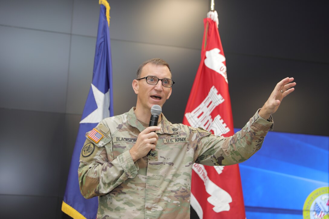 U.S. Army Corps of Engineers (USACE) Galveston District Commander Col. Rhett A. Blackmon says a few words before recognizing several employees for their significant individual achievements and group accomplishments during an award ceremony, September 29. 

“There’s a lot of history and knowledge here,” Blackmon said after acknowledging so many people who have been working with the District and the federal government for so many years. “And what that really translates to is passion for what you do.”