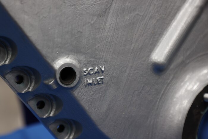 Close up of scavenge oil port on TF33 gearbox housing