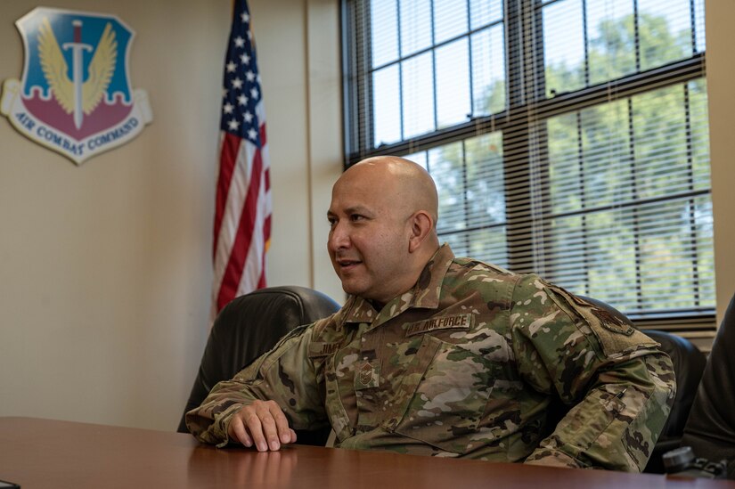 Chief Master Sgt. Pedro Jimenez sits for an interview.