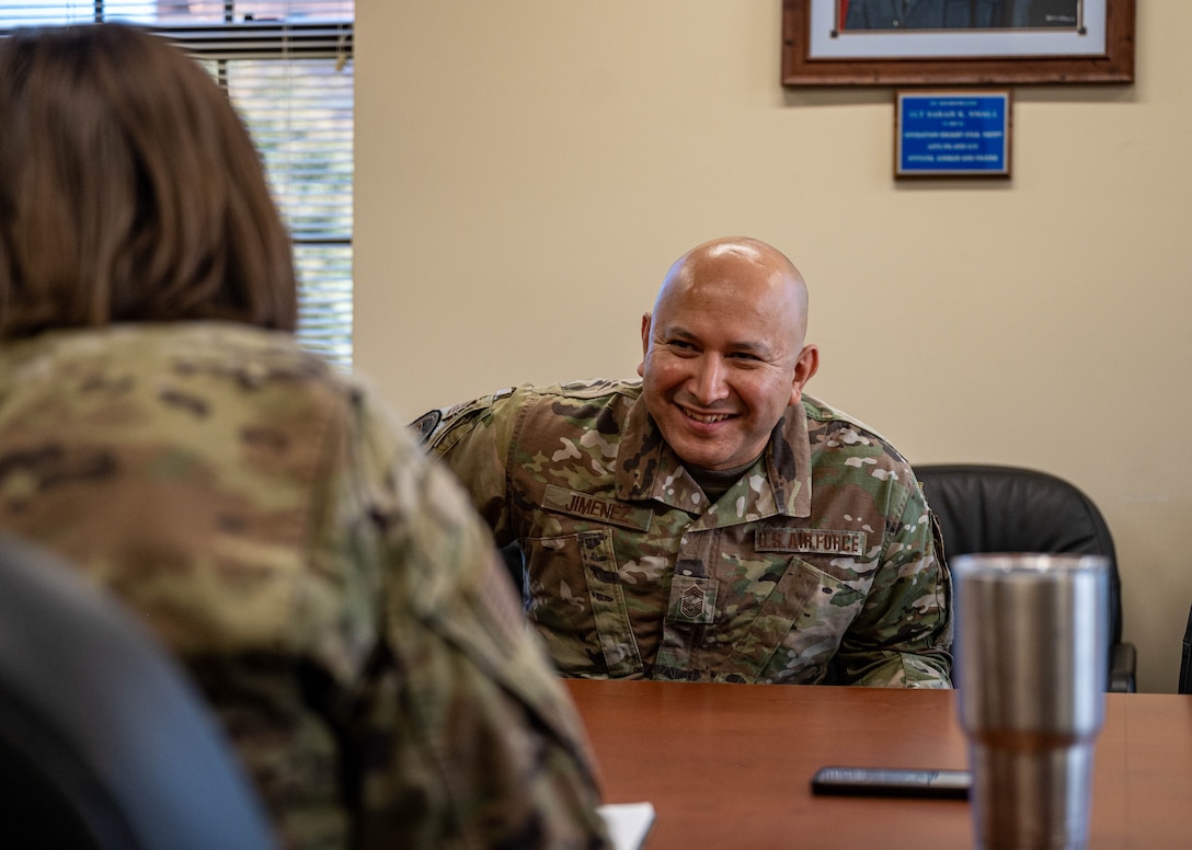 Chief Master Sgt. Pedro Jimenez smiles during an interview.