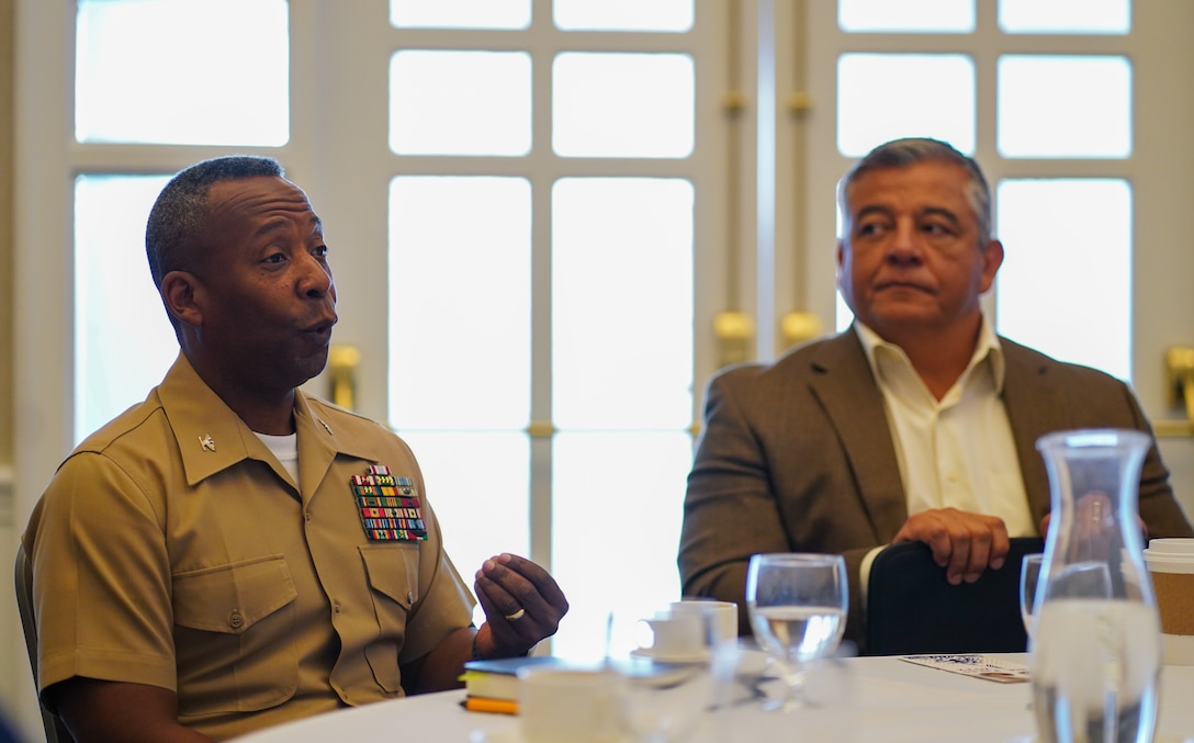 U.S. Marine Corps Col. Michael L. Brooks, base commander, Marine Corps Base Quantico, speaks at the MCBQ media roundtable at The Clubs of Quantico and Crossroads Event Center on Marine Corps Base Quantico, Virginia, Sept. 28, 2022. The media roundtable allowed local journalists an opportunity to meet with Brooks, ask questions, and discuss MCBQ’s role and partnerships in the surrounding community. (U.S. Marine Corps photo by Cpl. Eric Huynh)