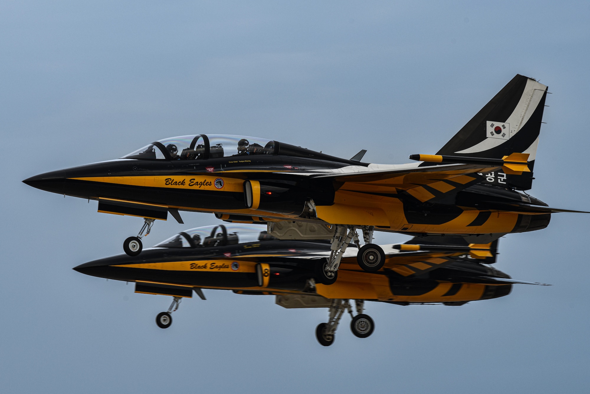 Republic of Korea (ROK) Air Force KAI T-50 Golden Eagles assigned to the 53rd Air Demonstration Group, “Black Eagles”, depart to practice a routine above Kunsan Air Base, ROK, Sept. 28, 2022. An aerial demonstration team can fly as close as 18 inches apart during a show. (U.S. Air Force photo by Tech. Sgt. Timothy Dischinat)