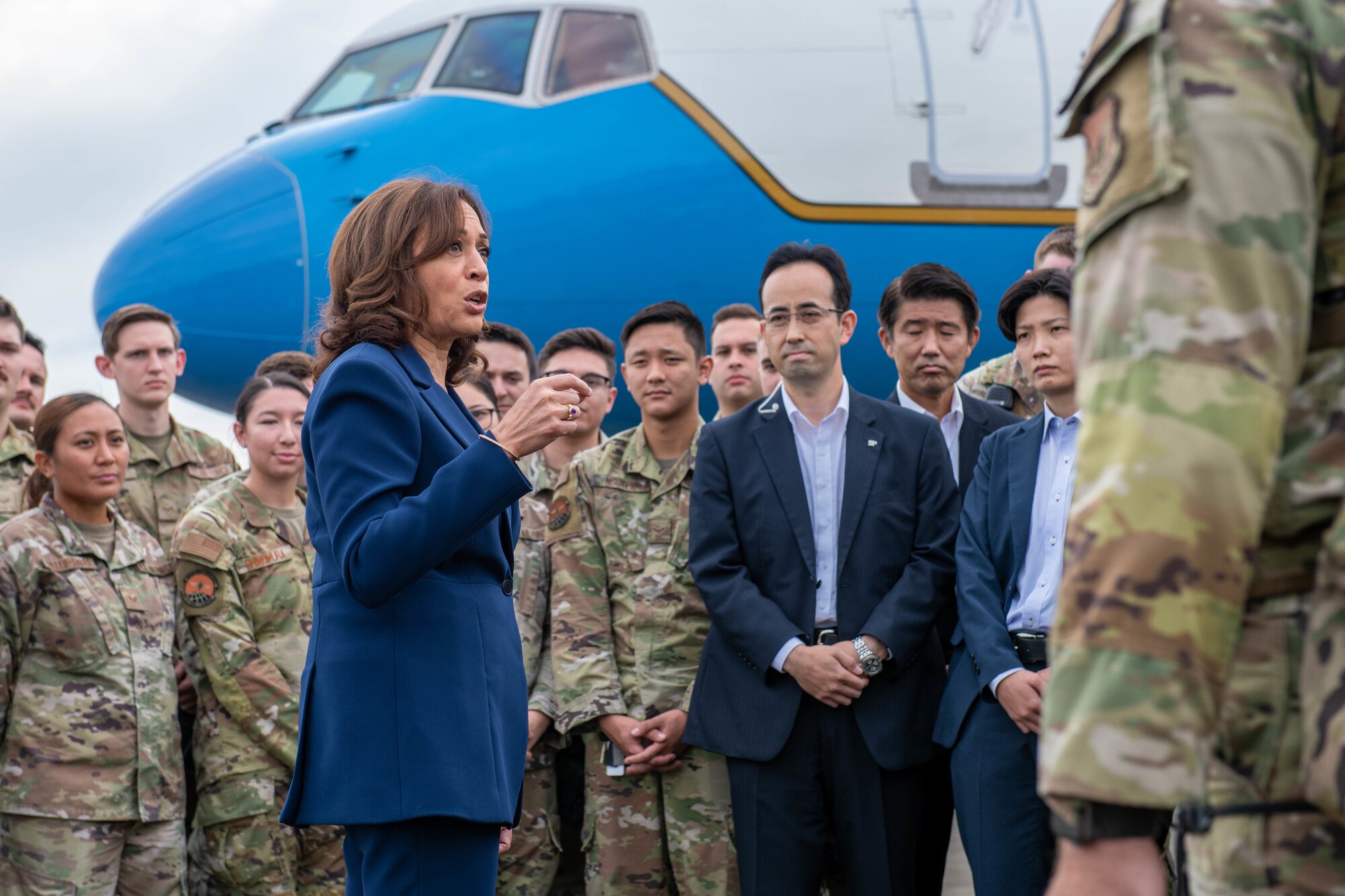 Vice President Harris speaks with troops