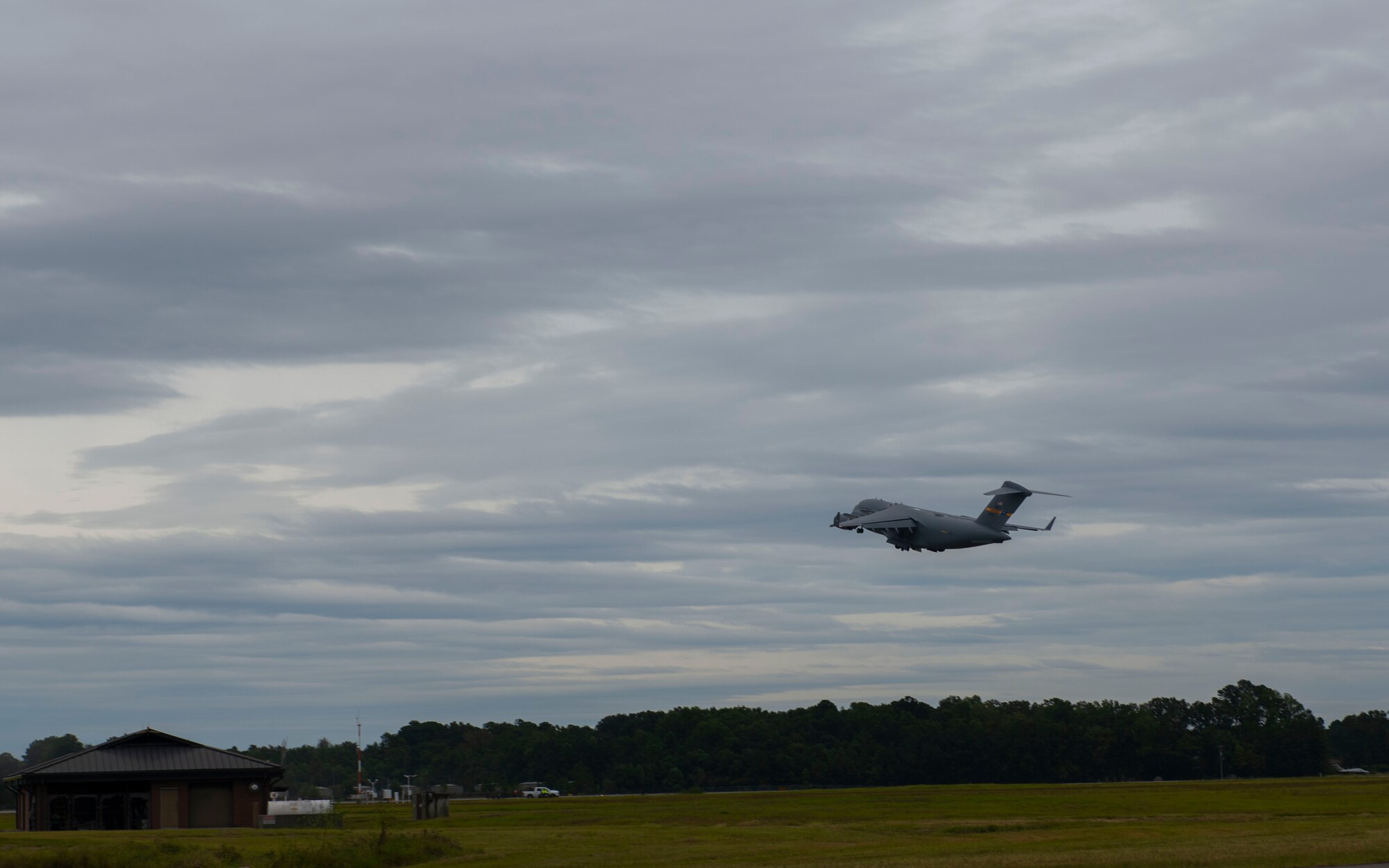 An aircraft takes off.