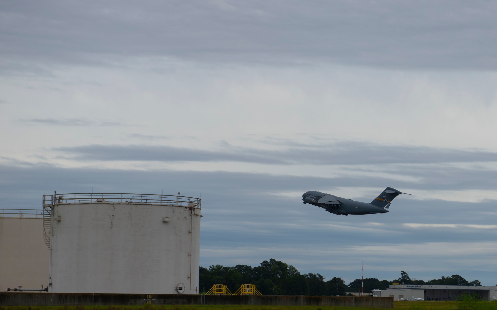 An aircraft takes off.