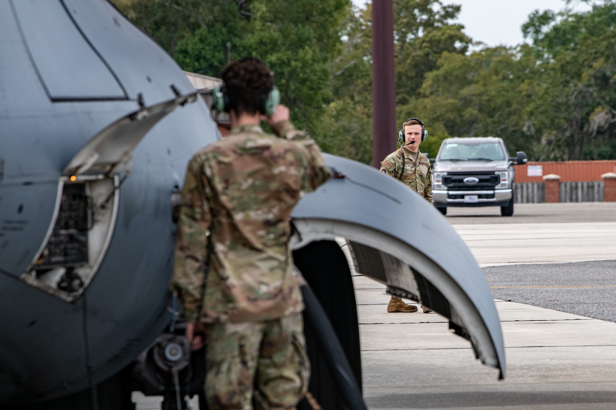 Airmen prepares an aircraft for relocation.