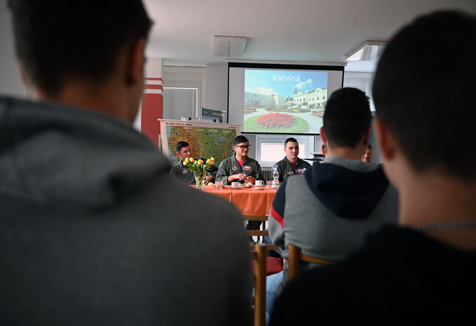 Members of the 68th Airlift Squadron sit on a panel during a school visit at the Secondary Vocational School Karvina, in Hranice, Czech Republic, Sept. 16, 2022. SPS is a technical school focused on engineering, information technology and electronics. (U.S. Air Force photo by Staff Sgt. Monet Villacorte)