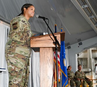 Maj. Yolanda Seals, 433rd Maintenance Squadron commander, speaks to attendees after assuming command during the 433rd MXS change of command ceremony at Joint Base San Antonio-Lackland, Texas, Sept. 10, 2022. The 433rd MXS mission is to provide essential on and off-equipment repair and support maintenance for all assigned C-5M Super Galaxy aircraft. (U.S. Air Force photo by Airman 1st Class Mark Colmenares)