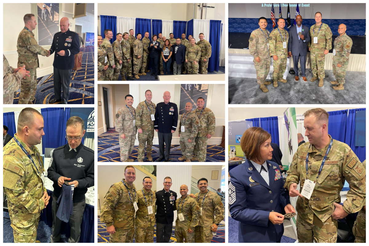 Collage created for suicide prevention article. Collage shows members of the 312th Training
Squadron from Goodfellow AFB giving Air Force and Space Force leaders the suicide prevention patch during 2022 Air, Space, and Cyberspace Conference, Sept. 19-21, National Harbor, Md. They include:  Chief of Space Force Operations, Gen. John W. "Jay" Raymond, (top left and center); Chief Master Sgt. of the Space Force Roger A. Towberman (lower left and bottom center); former Chief Master Sgt. of the Air Force (retired), Kaleth O. Wright (top right); and Chief Master Sgt. of the Air Force, JoAnne S. Bass, (top center and bottom right).  (U.S. Air Force graphic by Senior Airman Ethan Sherwood)