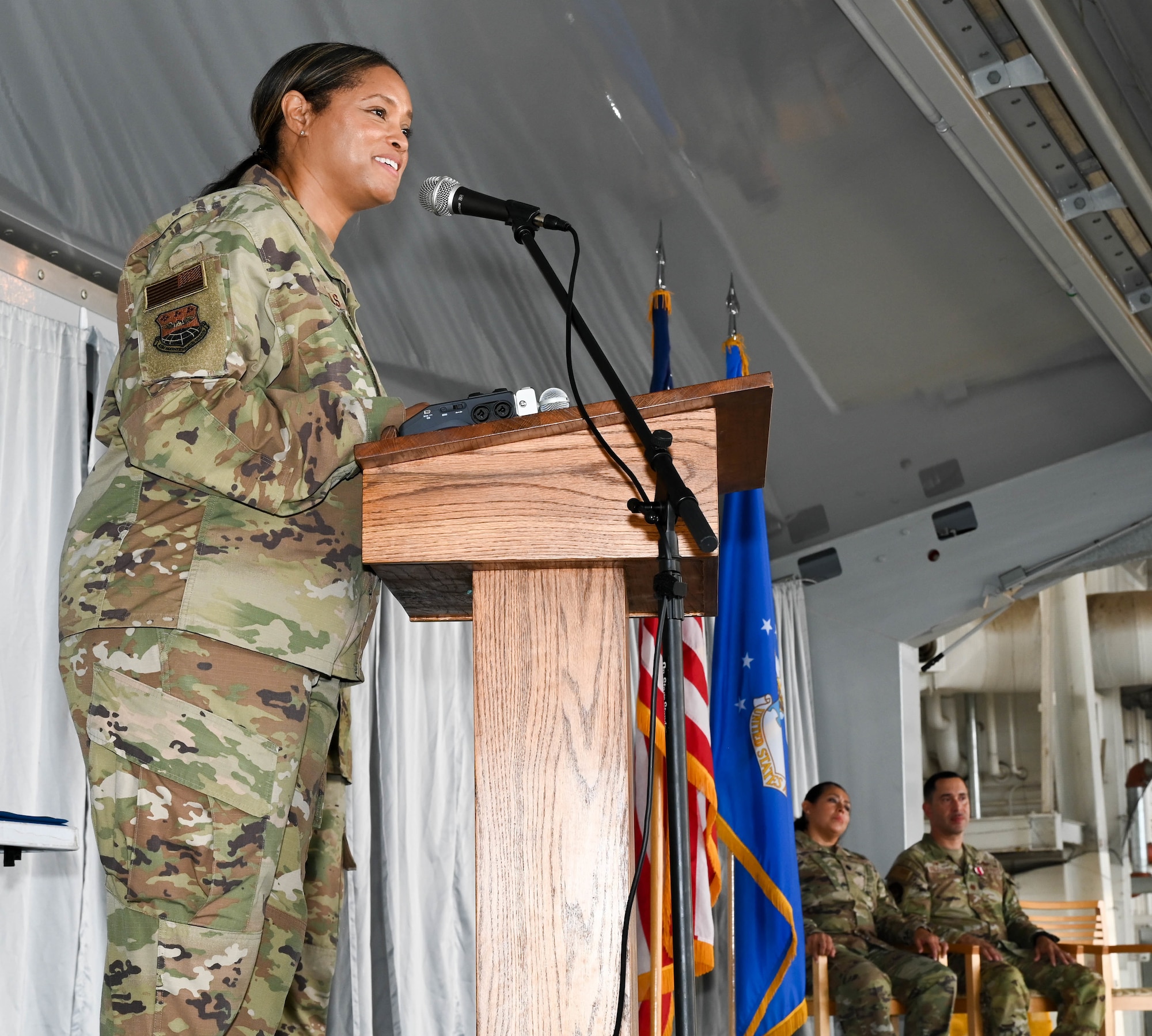 Maj. Yolanda Seals, 433rd Maintenance Squadron commander, speaks to attendees after assuming command during the 433rd MXS change of command ceremony at Joint Base San Antonio-Lackland, Texas, Sept. 10, 2022. The 433rd MXS mission is to provide essential on and off-equipment repair and support maintenance for all assigned C-5M Super Galaxy aircraft. (U.S. Air Force photo by Airman 1st Class Mark Colmenares)