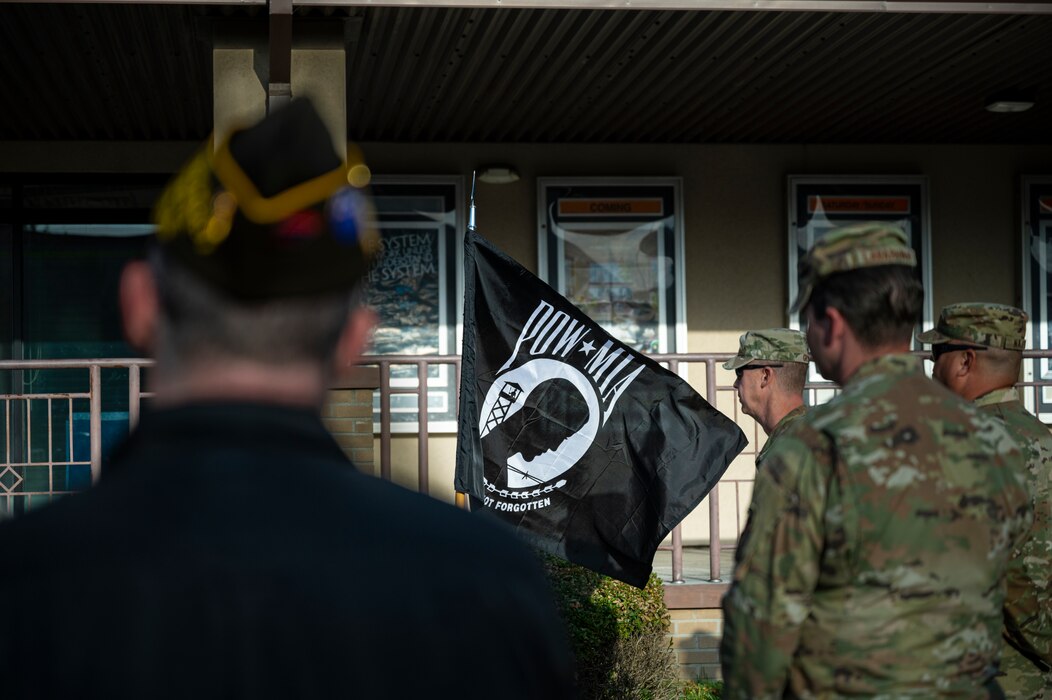 A prisoner of war and missing in action (POW/MIA) flag flies during a remembrance ceremony   at Osan Air Base, Republic of Korea, Sept. 26, 2022.