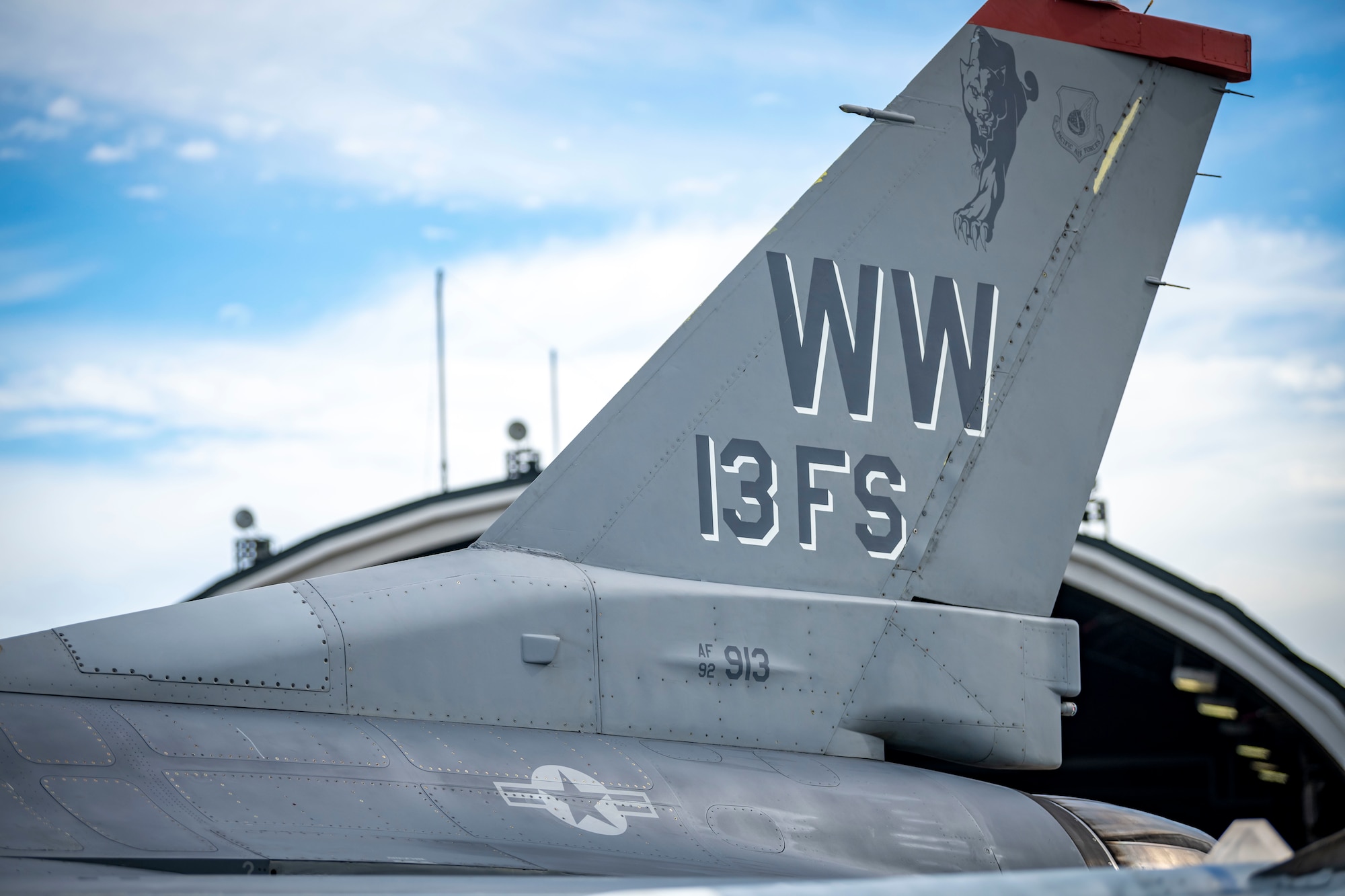 The tail of a jet is displayed on the flight line.