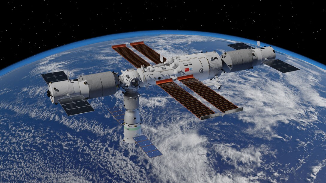 Rendering of Tiangong Space Station between October 2021 and March 2022, with Tianhe core module in the middle, two Tianzhou cargo spacecrafts on left and right, and Shenzhou-13/14 crewed spacecraft at nadir (Courtesy Shujianyang)
