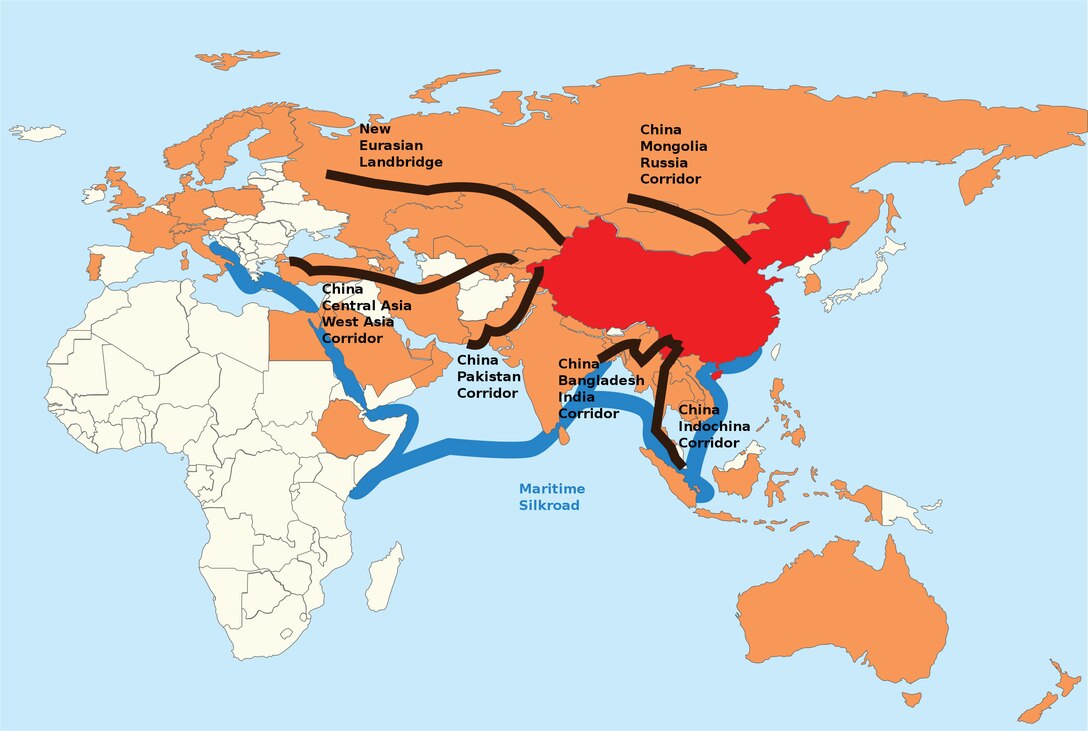 Proposed Belt and Road Initiative, with China in red, members of the Asian Infrastructure Investment Bank in orange, and
proposed corridors in black (Land Silk Road), and blue (Maritime Silk Road) (Courtesy Lommes)