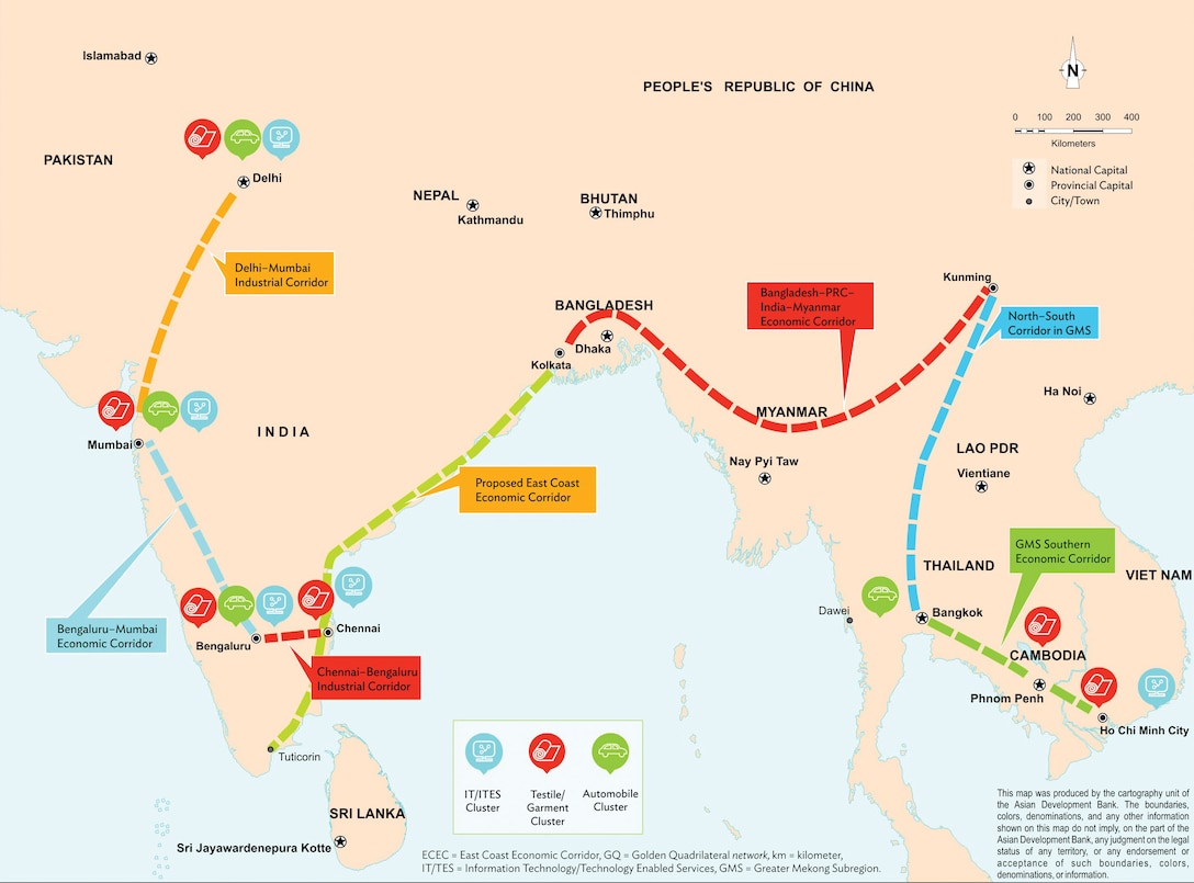 The East Coast Economic Corridor is envisaged to be India’s first coastal corridor. This corridor aligns with the national
objectives of expanding the domestic market, supports portled industrialization (Sagarmala initiative) and the Act East
Policy, and inserts domestic companies into the vibrant GVCs of East and Southeast Asia (Asian Development Bank)