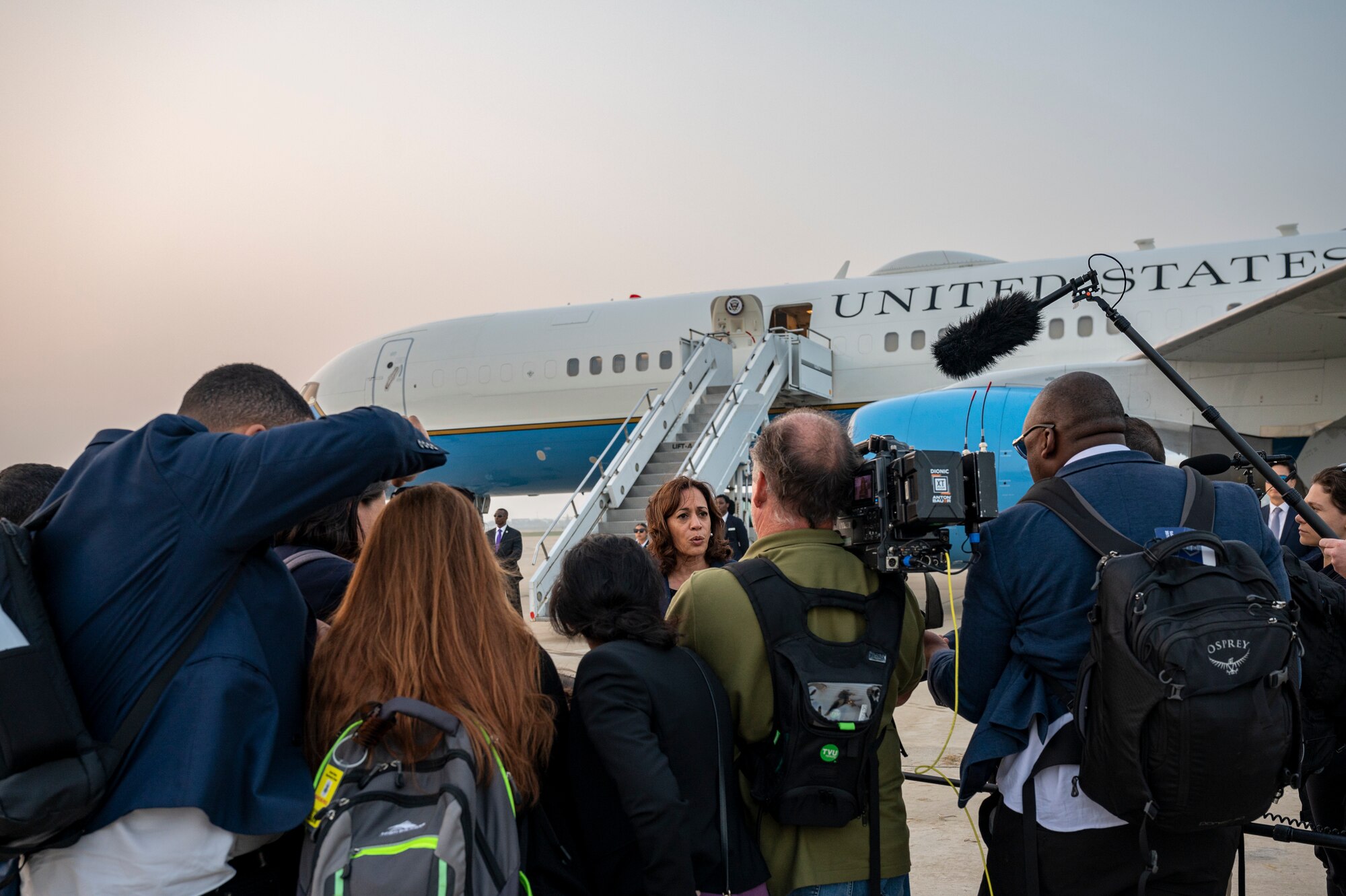 Vice President of the United States Kamala D. Harris addresses the press core at Osan Air Base, Republic of Korea, Sept. 29, 2022.