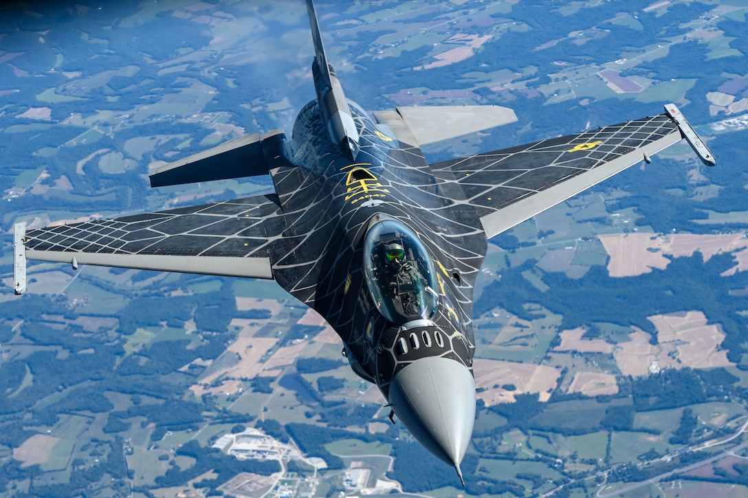 A military jet with a web painted design flies through the air.