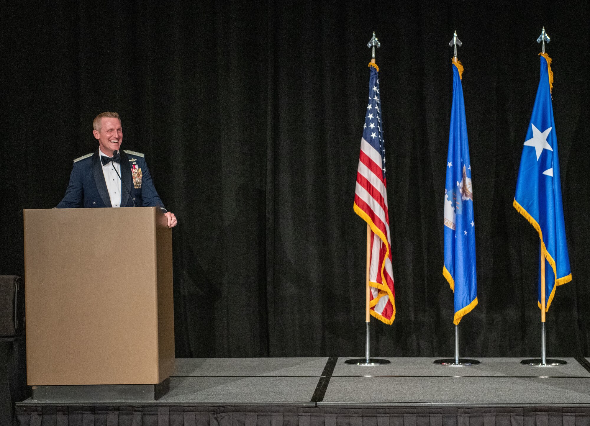 U.S. Air Force Brig. Gen. Jason Rueschhoff, 56th Fighter Wing commander, delivers his closing remarks during the 75th Air Force Ball at the Wigwam Resort near Luke Air Force Base, Arizona on Sept. 24, 2022.