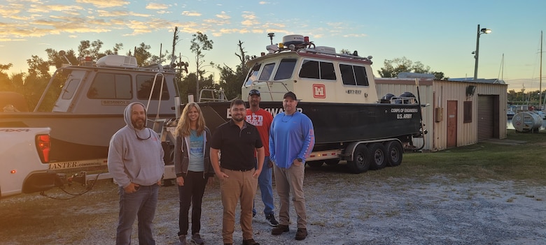 Two survey crews from the U.S. Army Corps of Engineers, Mobile District Panama City Site Office volunteered to travel to help SAJ with post-storm hydrographic surveys. Jerry (JB) McLendon, Aaron Yarbrough and Kevin Nazario with the survey vessel Blackwater.