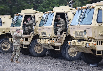 Virginia National Guard Soldiers prepare for possible severe weather from Hurricane Ian Sept. 30, 2022, in Powhatan, Virginia. Soldiers assigned to the 180th Engineer Company, 276th Engineer Battalion, 329th Regional Support Group, were prepared to provide high mobility transport and clear debris if needed.