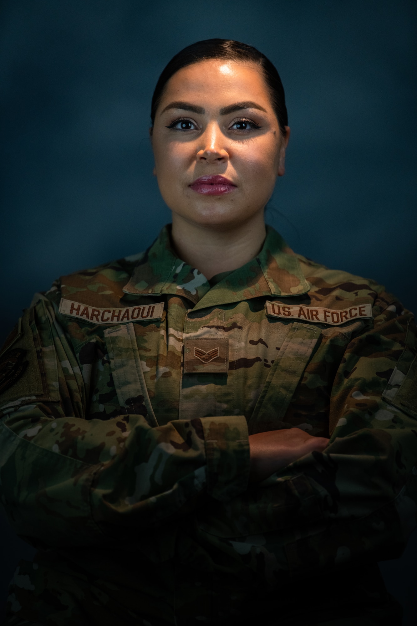 Senior Airman Myriam Harchaoui, 436th Logistics Readiness Squadron warehouse operations journeyman, poses for a photo at Dover Air Force Base, Delaware, Sept. 28, 2022. Harchaoui reflects on her learning experiences during the Air Force Association’s Air, Space and Cyber Conference in Washington D.C. (U.S. Air Force photo by Staff Sgt. Marco A. Gomez)