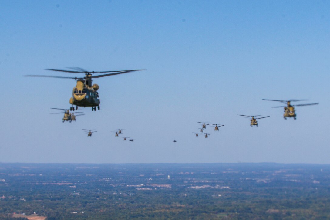 Military helicopters fly in formation.