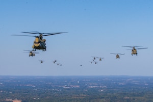 Military helicopters fly in formation.