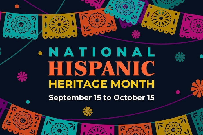 A graphic shows colorful decorations and the words "National Hispanic Heritage Month."