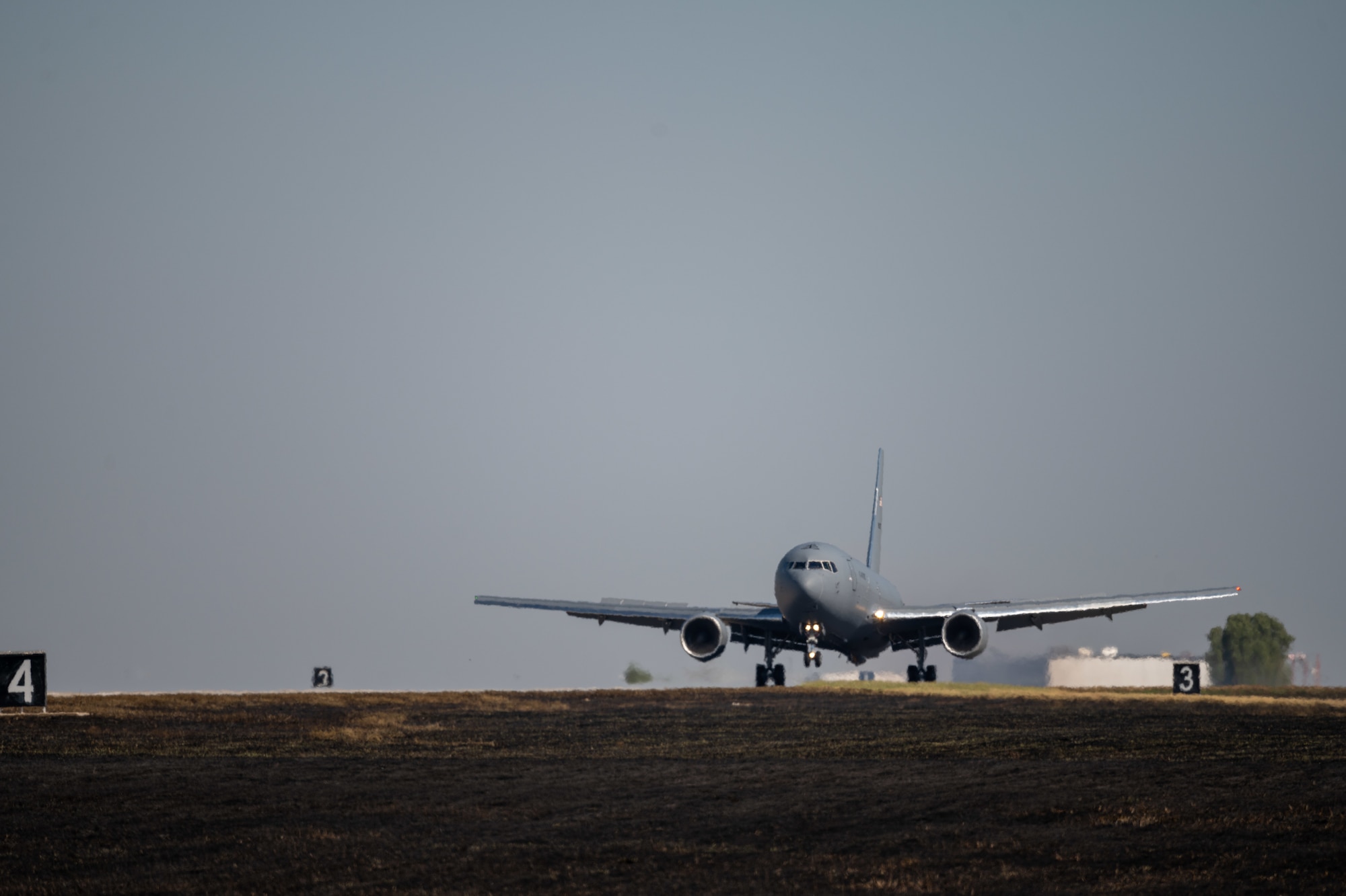 A KC-46A Pegasus assigned to the 916th Air Refueling Wing lands on Sep. 29, 2022, at McConnell Air Force Base, Kansas. The aircraft was one of nine sent out of an abundance of caution from Seymour Johnson Air Force Base, North Carolina, before hurricane Ian landed there. (U.S. Air Force photo by Staff Sgt. Nathan Eckert)