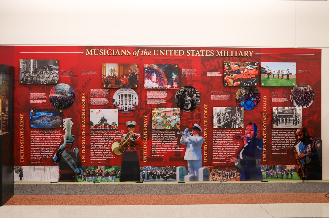 A display recognizing the history and contributions of musicians in the United States military was officially unveiled at the Pentagon on Sept. 30, 2022. During the ceremony, directors from the premiere military bands gave remarks about the importance of music in their respective services and as an important facet of the American identity and diplomacy. The event was appropriately supported by a joint service brass quintet which performed "America the Beautiful" and the Armed Forces Medley.
