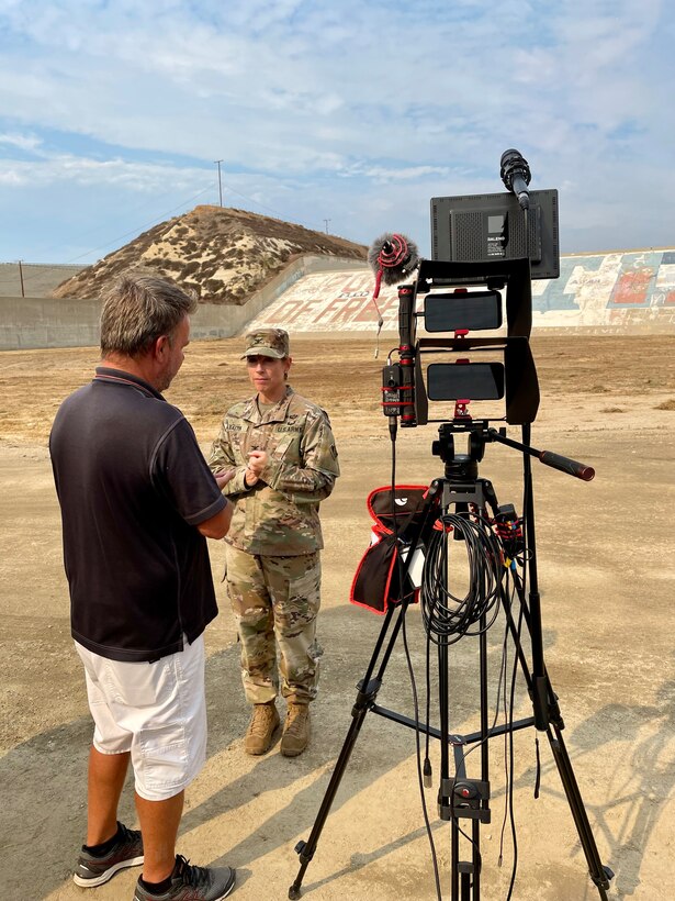 Col. Julie Balten, U.S. Army Corps of Engineers Los Angeles District commander, speaks with a reporter shortly before the Sept. 8 Prado Dam mural groundbreaking ceremony in Corona, California.