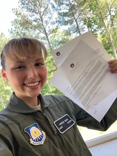 Morgan Julian, a U.S. Air Force Junior ROTC cadet at Clover High School, Clover, South Carolina, receives confirmation of her admission to Auburn University, Alabama.  Julian is a winner of the J-100 Scholarship, which provides 100 AFJROTC cadets with financial assistance for college.