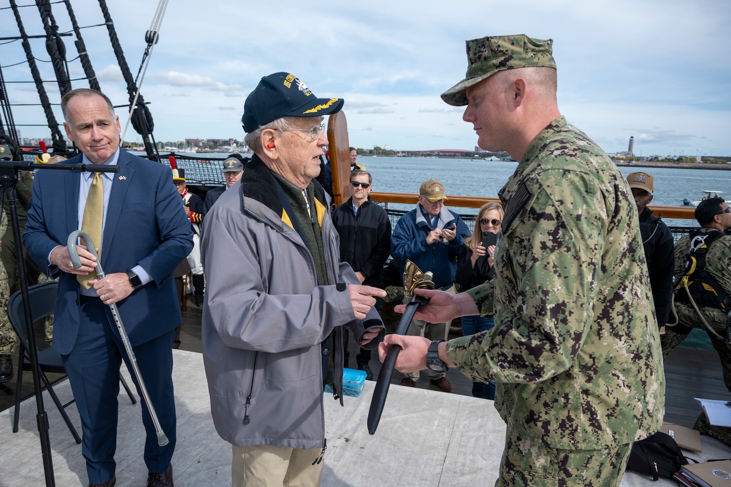 BOSTON (Sept. 30, 2022) Chief Gas Turbine Systems Technician (Mechanical) Adam Yenny receives the 2021 USS Constitution George Sirian Meritorious Leadership Award while underway aboard USS Constitution. The USS Constitution George Sirian Meritorious Leadership Award recognizes a chief petty officer who embodies former USS Constitution crew member George Sirian through their technical expertise, dedication, and leadership. USS Constitution, is the world’s oldest commissioned warship afloat, and played a crucial role in the Barbary Wars and the War of 1812, actively defending sea lanes from 1797 to 1855. During normal operations, the active-duty Sailors stationed aboard USS Constitution provide free tours and offer public visitation to more than 600,000 people a year as they support the ship’s mission of promoting the Navy’s history and maritime heritage and raising awareness of the importance of a sustained naval presence. USS Constitution was undefeated in battle and destroyed or captured 33 opponents. The ship earned the nickname of Old Ironsides during the war of 1812 when British cannonballs were seen bouncing off the ship’s wooden hull. (U.S. Navy Photo by Mass Communication Specialist 1st Class Grant G. Grady/Released)