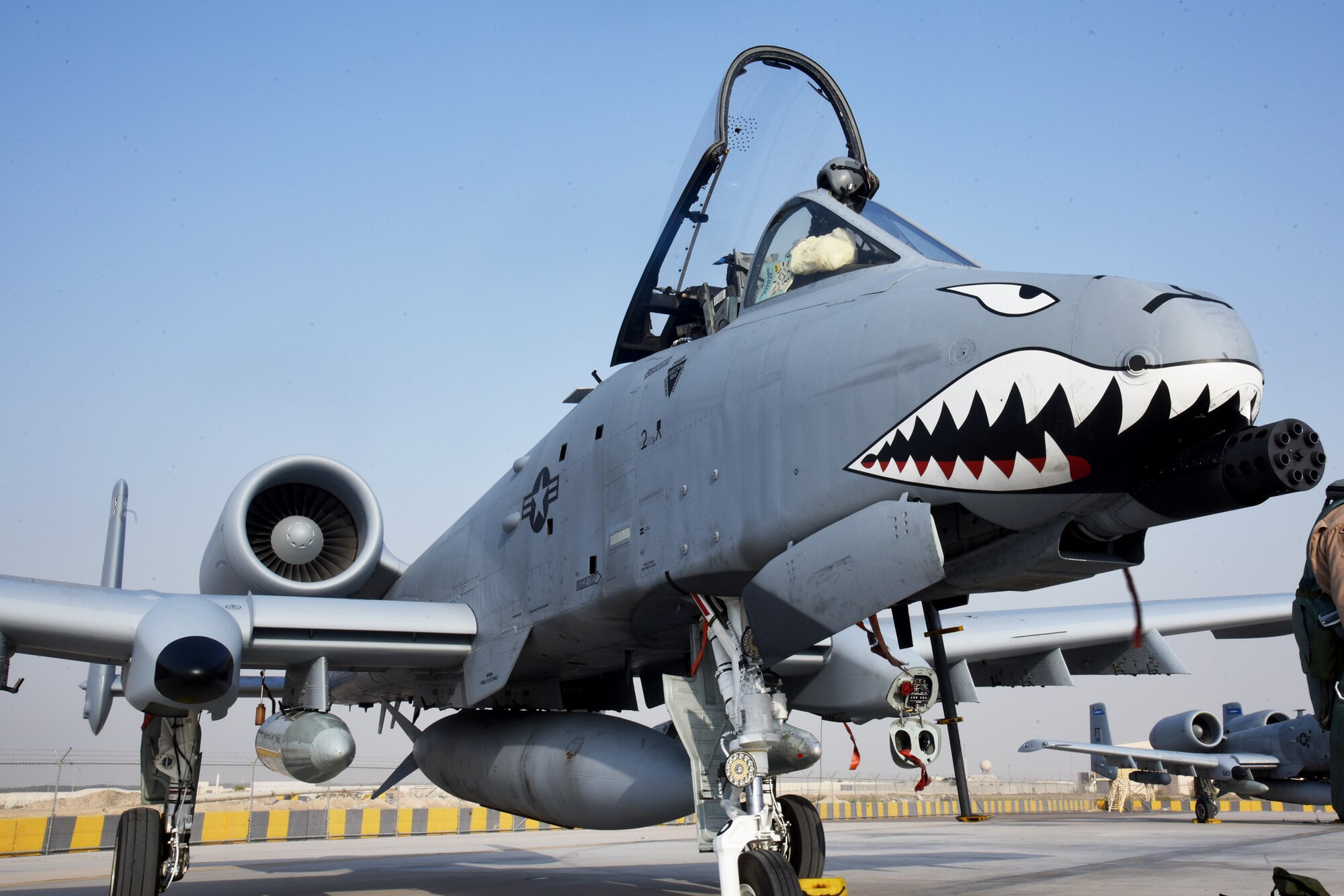 A U.S. Air Force A-10 Thunderbolt II sits on the runway at Al Dhafra Air Base, United Air Base Emirates, after arriving March 31, 2023. As part of the 380th Air Expeditionary Wing, the aircraft will integrate seamlessly with the Air Warfare Center at Al Dhafra AB, ensuring close air support capabilities are well-represented in exercises and missions. (U.S. Air Force photo by Tech. Sgt. Chris Jacobs/Released)