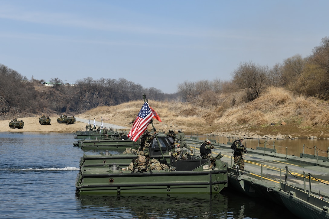 Soldiers with the 11th Engineer Battalion conduct "wet gap" crossing training on the Imjin River, South Korea on March 13, 2023. The purpose of the training is to hone Soldiers' skills for crossing water obstacles and strengthen the ROK-U.S. combined defense posture.