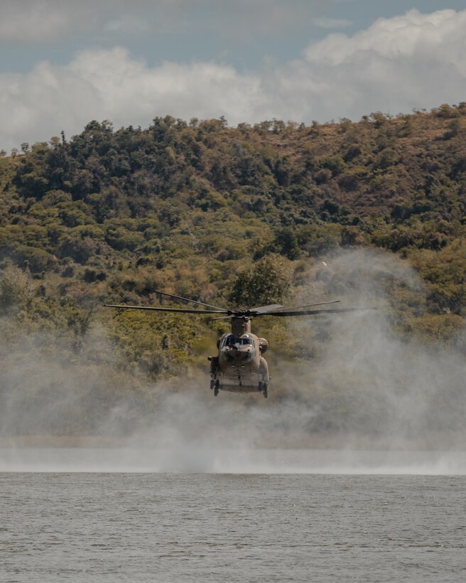 FORT MAGSAYSAY, Philippines -- For the first time together, Soldiers of 2nd Infantry Brigade Combat Team, Lightning Academy and the Philippine Army jump from a CH-47 and UH-60s, 25 March 2023, during exercise #Salaknib at Fort Magsaysay Reservoir during Helocast operations.