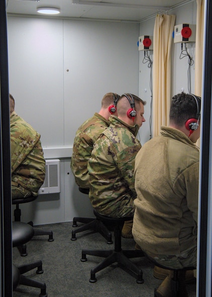 Airmen with the 104th Fighter Wing complete audiogram testing during the annual Periodic Health Assessments at Barnes Air national Guard Base, Mass., March 4, 2023. Testing hearing sensitivity with various pitches and frequencies verifies individual protective hearing equipment, such as ear plugs and earmuffs, is effectively preventing hearing damage in members who are often exposed to loud noise within their career fields. (U.S. Air National Guard Photo by Staff Sgt. Sarah Stec)