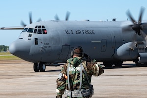 U.S. Air Force Technical Sgt. Zackery Payne, an aircraft maintainer, assigned to the 130th Maintenance Group, Charleston, W.Va. salutes an aircraft prior to taking off during the unit’s Fly Away Readiness Exercise (FLARE), March 30, 2023, at the Combat Readiness Training Center (CRTC), Gulfport, MS. FLARE is a commander directed readiness exercise designed to inform commanders of their units’ ability to deploy using the Agile Combat Employment (ACE) model. (U.S. Air National Guard photo by 2nd Lt. De-Juan Haley)