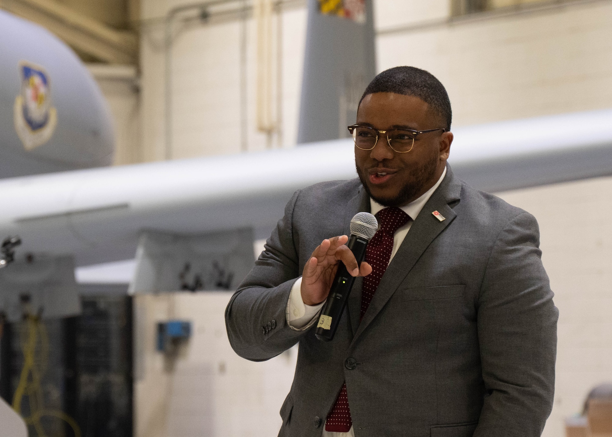 Mr. Harold Fowler, Martin State Airport Operations and Maintenance chief, briefs civic leaders during an engagement at Martin State Air National Guard Base, Middle River, Maryland, March 31, 2023.