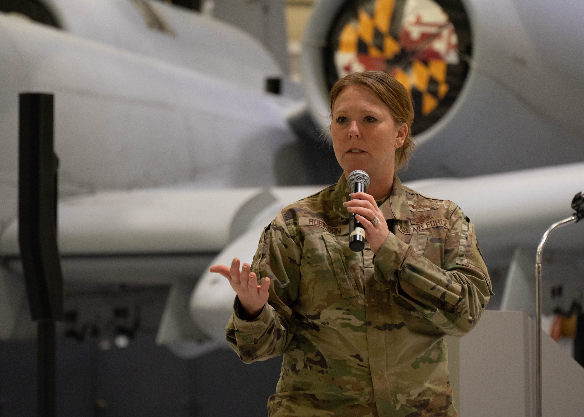 U.S. Air Force Brig. Gen. Jori A. Robinson, 175th Wing commander, briefs civic leaders during an engagement at Martin State Air National Guard Base, Middle River, Maryland, March 31, 2023.