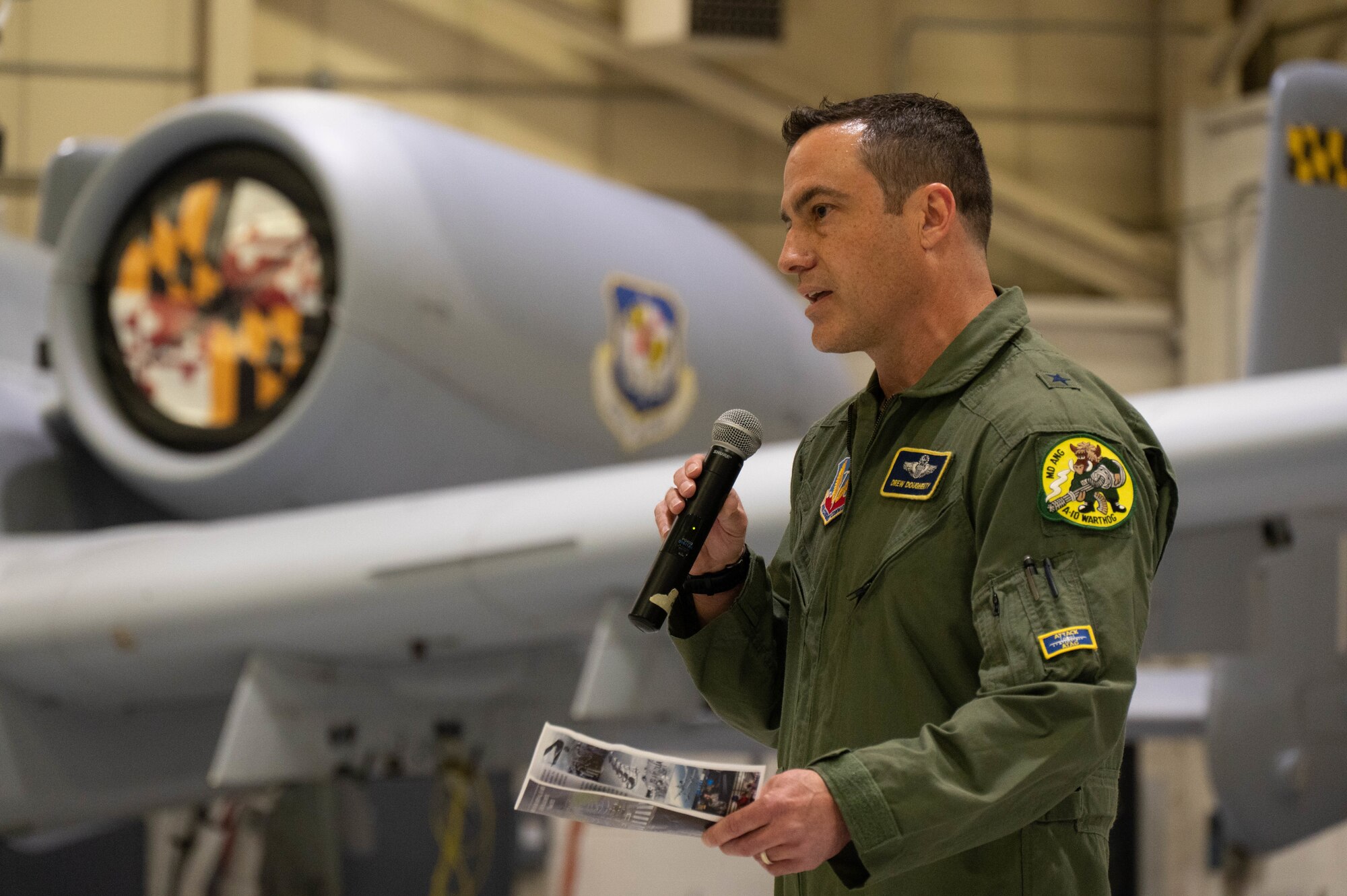 U.S. Air Force Brig. Gen. Drew E. Dougherty, assistant adjutant general for Air, outlines key initiatives for the Maryland Air National Guard during a civic engagement at Martin State Air National Guard Base, Middle River, Maryland, March 31, 2023.