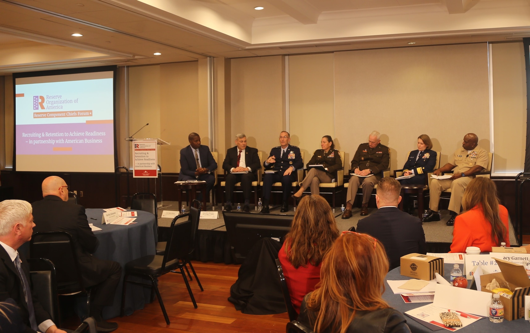 Lt. Gen. John Healy (third from left), chief of the Air Force Reserve and commander Air Force Reserve Command, discusses retention, recruiting, and partnerships with a panel of Reserve and Guard leadership in Washington D.C., March 28, 2023.