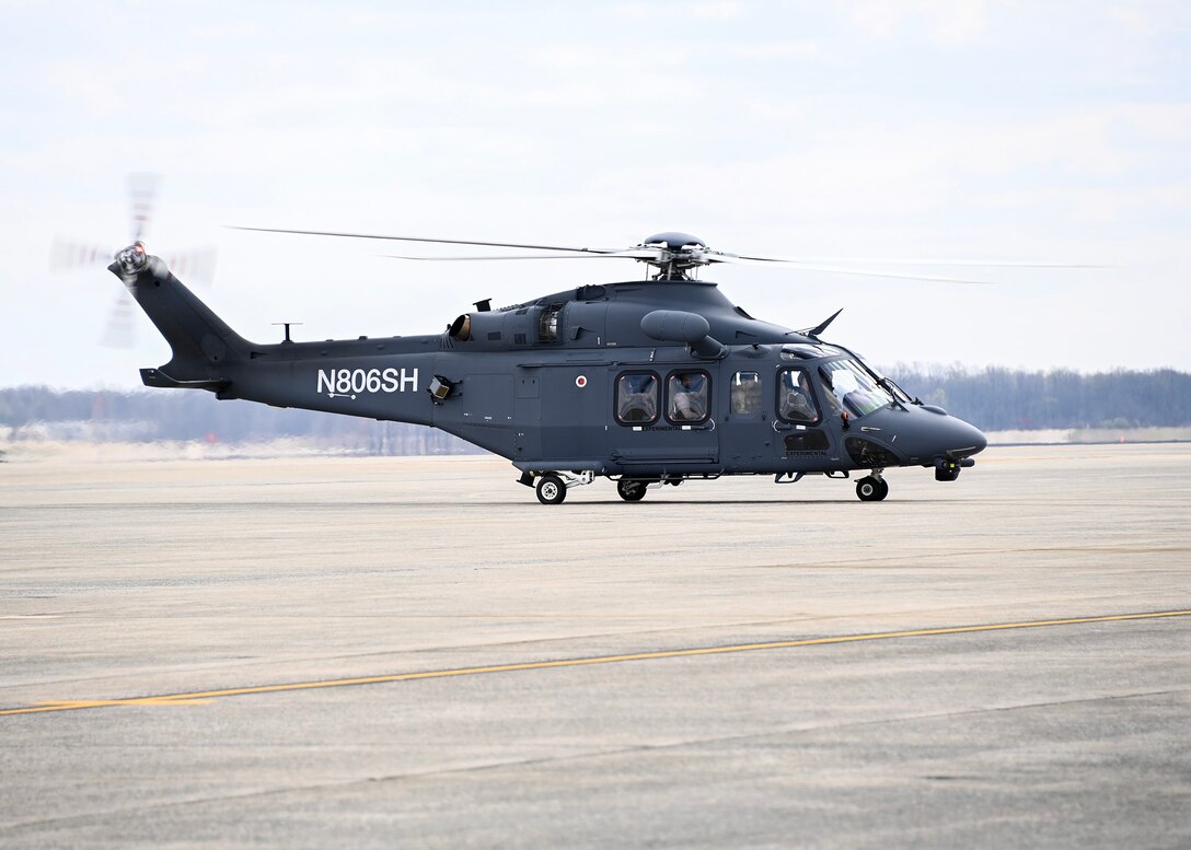 An MH-139 Grey Wolf helicopter taxis on the flight line at Joint Base Andrews, Md., March 28, 2023.