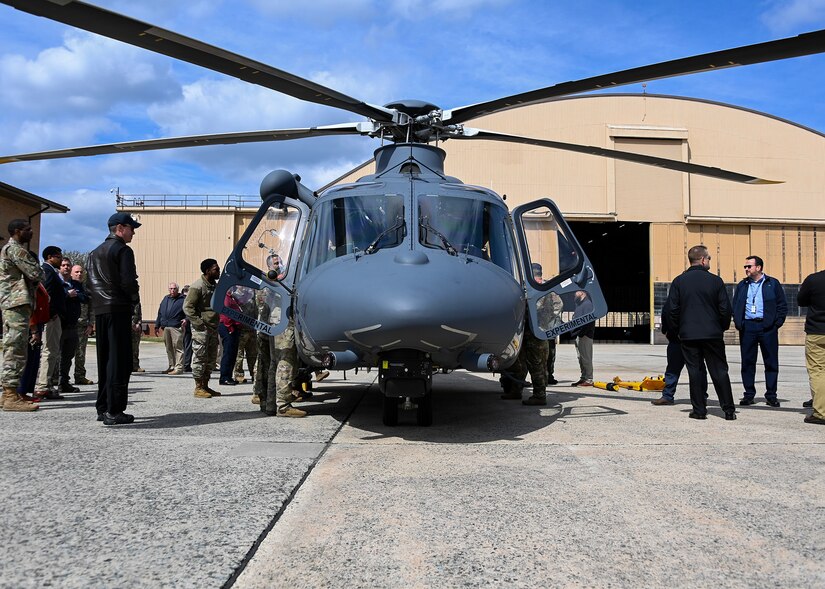 Team Joint Base Andrews members view an MH-139 Grey Wolf helicopter at JBA, Md., March 28, 2023.