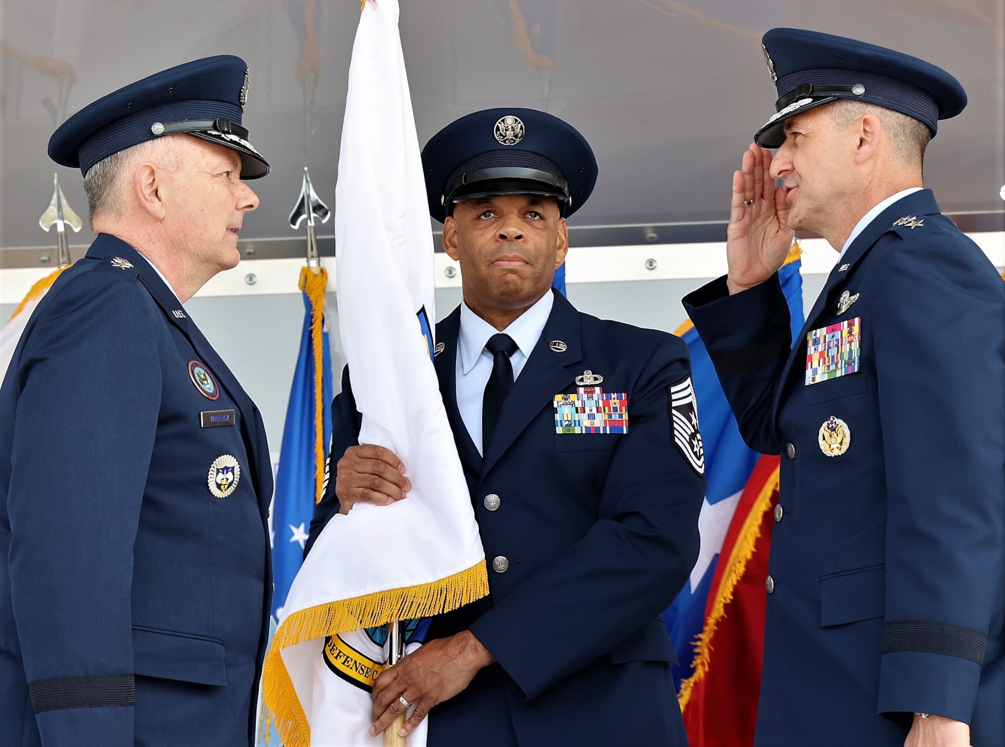 U.S. Air Force Lt. Gen. Steven S. Nordhaus, commander, Continental U.S. North 
American Aerospace Defense Command Region -- First Air Force (Air Forces 
Northern and Air Forces Space) prepares to accept the CONR guidon from Gen. 
Glen VanHerck, commander, North American Aerospace Defense Command and U.S. 
Northern Command, during a Change of Command ceremony March 31, 2023, Tyndall 
AFB, Fla. VanHerck, along with Gen. James H. Dickinson, commander, U.S. Space 
Command, and Gen. Mark Kelly, commander, Air Combat Command, officiated the 
CONR-1 AF (AFNORTH & AFSPACE) Change of Command.