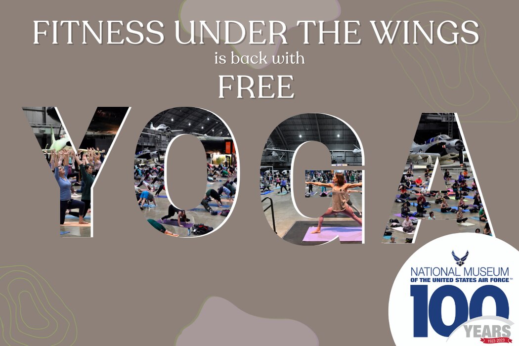 Fitness Under the Wings returns with Free Yoga on a brown background with photos of the first yoga series embedded in the yoga letters.