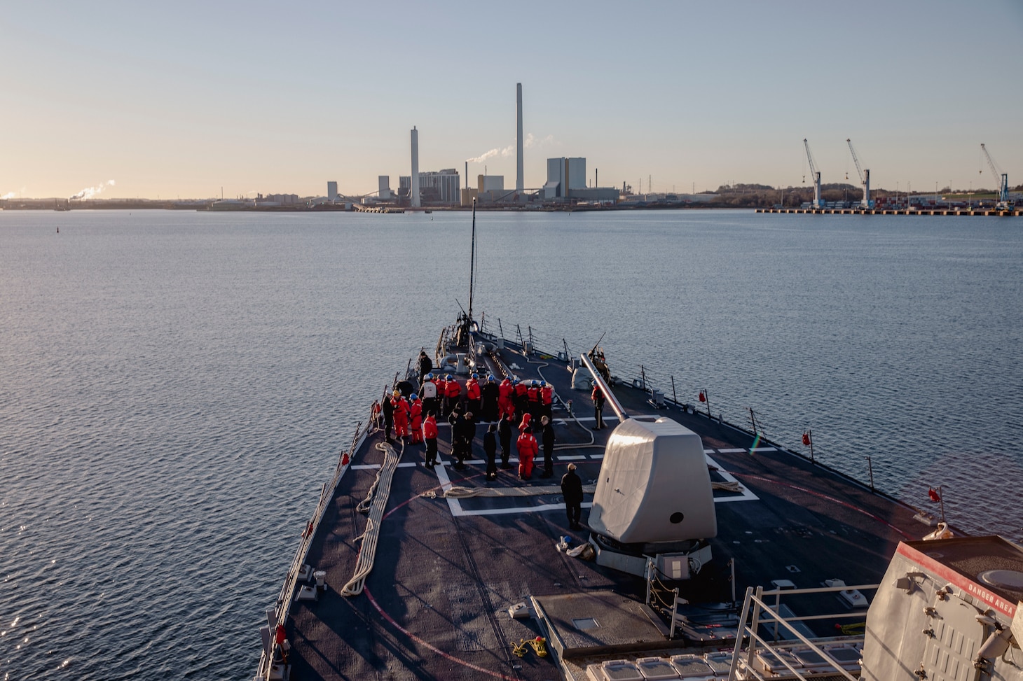 KALUNDBORG, Denmark (April 2, 2023) The Arleigh Burke-class guided-missile destroyer USS Porter (DDG 78) approaches Kalundborg during a sea and anchor evolution, April 2, 2023. Porter is on a scheduled deployment in the U.S. Naval Forces Europe area of operations, employed by the U.S. Sixth Fleet to defend U.S., allied and partner interests. (U.S. Navy photo by Mass Communication Specialist 2nd Class Sawyer Connally)