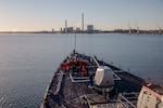 KALUNDBORG, Denmark (April 2, 2023) The Arleigh Burke-class guided-missile destroyer USS Porter (DDG 78) approaches Kalundborg during a sea and anchor evolution, April 2, 2023. Porter is on a scheduled deployment in the U.S. Naval Forces Europe area of operations, employed by the U.S. Sixth Fleet to defend U.S., allied and partner interests. (U.S. Navy photo by Mass Communication Specialist 2nd Class Sawyer Connally)