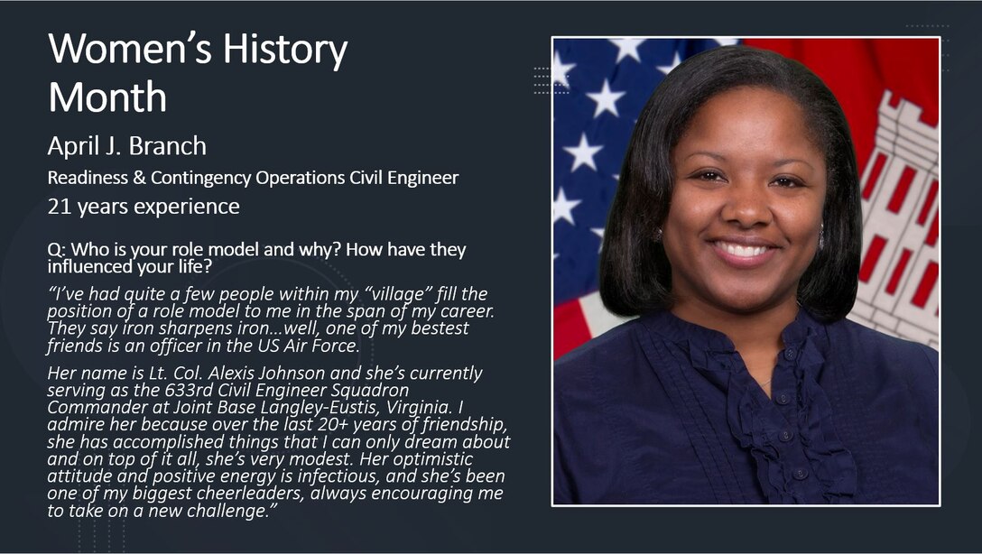 Women's History Month is for reflection and paying special attention to how past generations' efforts paved the way for women today.

History has proven time and time again that women are unstoppable, but we also see this in present time here at the Memphis District. Every day, there are a PLETHORA of outstanding women who, on the daily, achieve everything they set their minds to.

To honor these women, past, present and future, the Memphis District featured several extraordinary district professionals by asking them questions on life, career, and what it took for them to persevere in times of hardship. 

The Memphis District sincerely admires each of the women working here and thanks them for their many contributions to this district, to USACE, and ultimately, to this Nation.